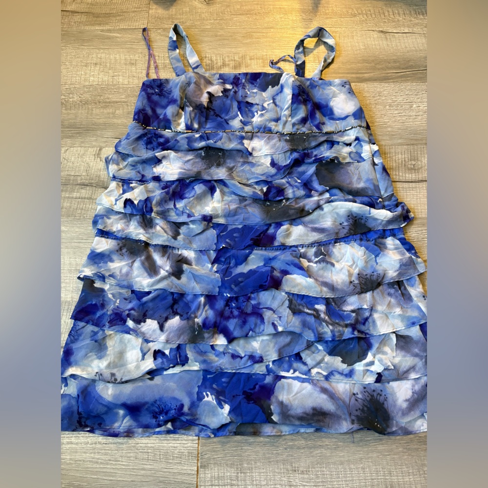 Dress Barn watercolor tiered ruffle spring summer causal dress blue white beaded